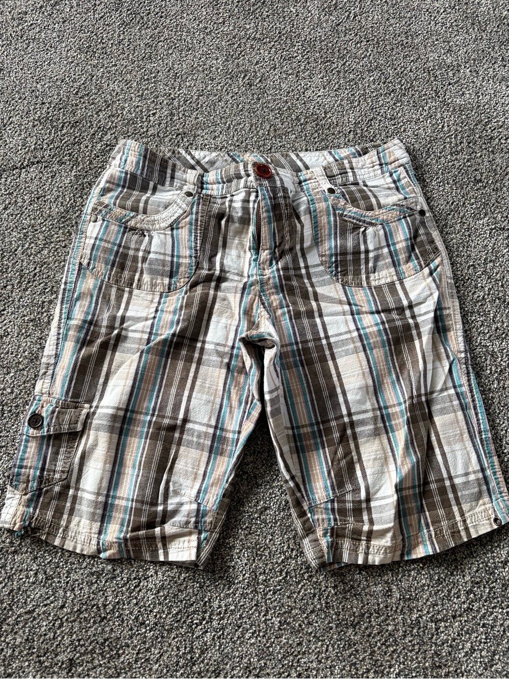 L.A. Blues Plaid Cargo Shorts in Brown, White & Teal